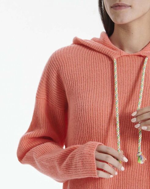 Pull Hoodie 100% Laine Côte Anglaise orange
