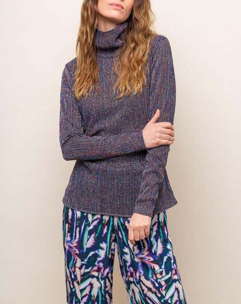 Elie Navyblaues Lurex-Strick-Rollkragenoberteil