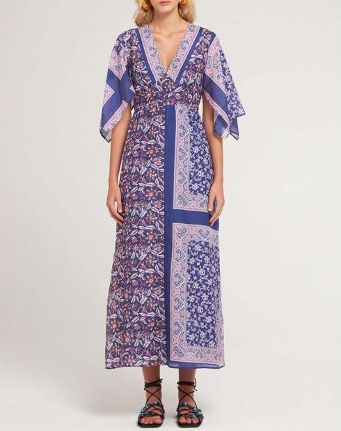 Marineblaues langes Kleid Ilona aus Baumwolle und Seide