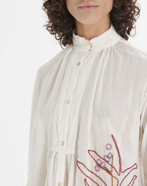Blouse Brodée Bohémienne Coton et Voile de Soie blanche