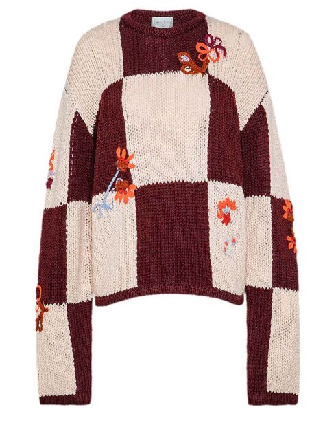 Pull Brodé Le Grand Damier Laine Vierge bordeaux