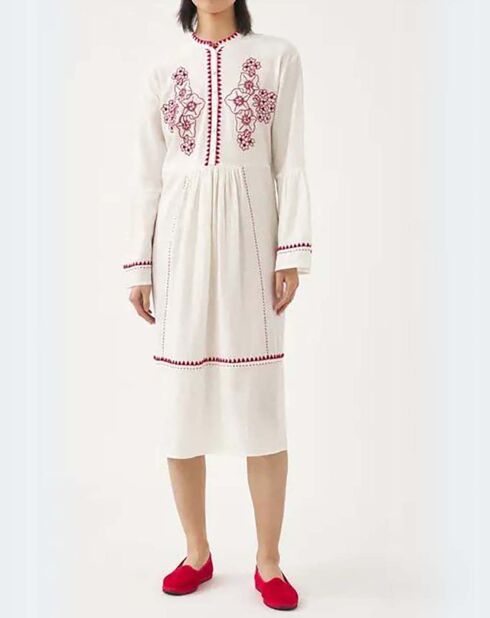 Cremefarbenes Kleid Cindy aus Leinen und Baumwolle mit Stickerei