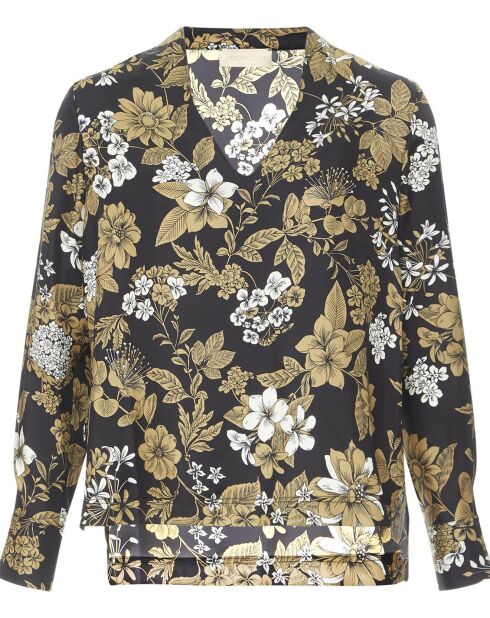 Schwarze Bluse aus Seidentwill mit Blumen von Acquamarina