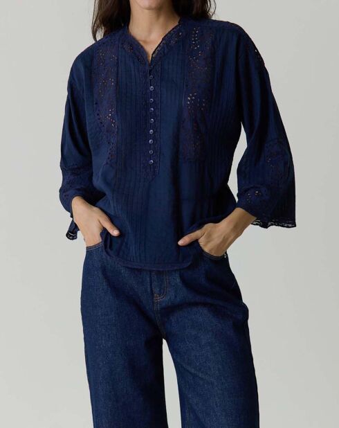 Mitternachtsblaue Bluse aus Bio-Baumwolle mit Stickerei