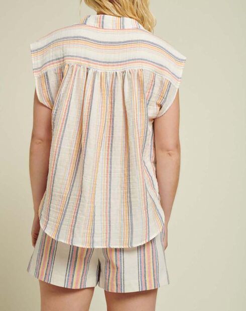 Blouse Armini Double Gaze de Coton Rayures blanc/beige