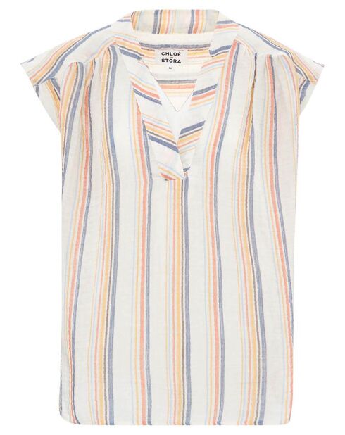 Blouse Armini Double Gaze de Coton Rayures blanc/beige
