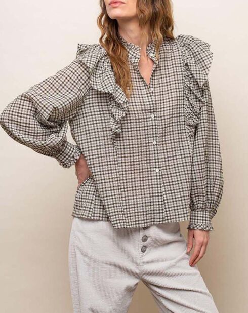 Albi Vichy khakigrüne Bluse aus Baumwollvoile