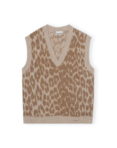 Übergroßer ärmelloser Pullover aus Alpakawolle mit Kamel-Leopardenmuster