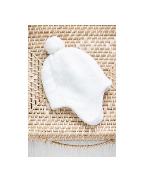 Bonnet Coton, Laine et Cachemire Pompon écru