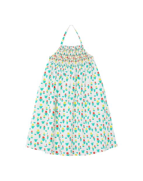 Robe à Bretelles en Coton Bio Fleurie écru/vert