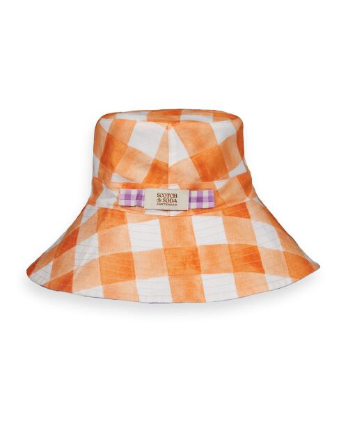 Chapeau en Lin mélangé Réversible Carreaux orange