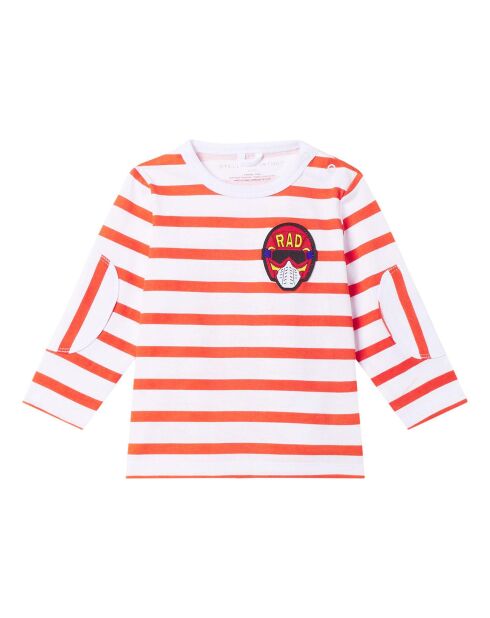 T-Shirt Rayé Badges Coton Bio blanc/orange