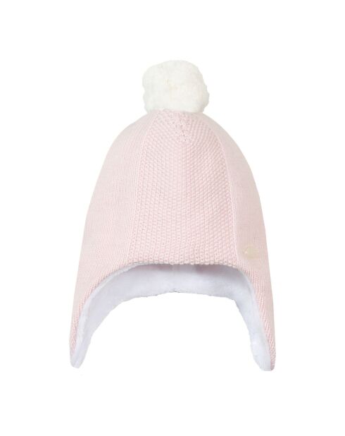 Bonnet Coton, Laine et Cachemire Pompon rose pâle