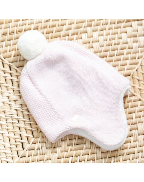 Bonnet Coton, Laine et Cachemire Pompon rose pâle