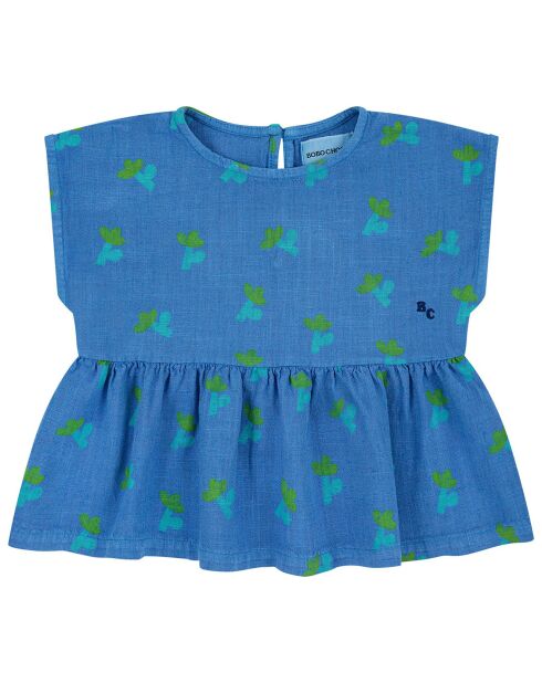Blouse en Lin mélangée Coton et Fleurie bleue
