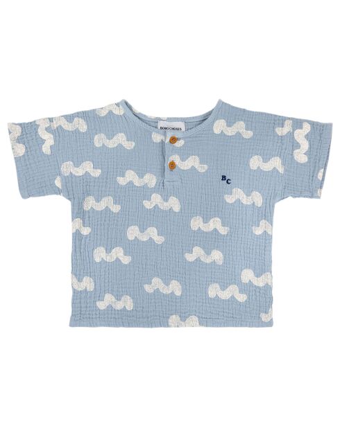 T-shirt en Coton Bio Boutonné Vagues bleu ciel