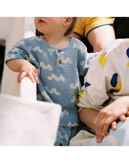 T-shirt en Coton Bio Boutonné Vagues bleu ciel