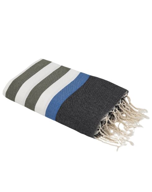 Fouta tricolore en Coton Arcachon  vert kaki/noir/bleu - 100x200 cm