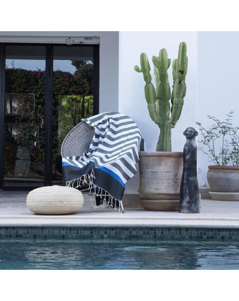 Fouta tricolore en Coton Arcachon  vert kaki/noir/bleu - 100x200 cm