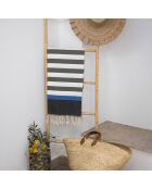 Fouta tricolore en Coton Arcachon  vert kaki/noir/bleu - 100x200 cm