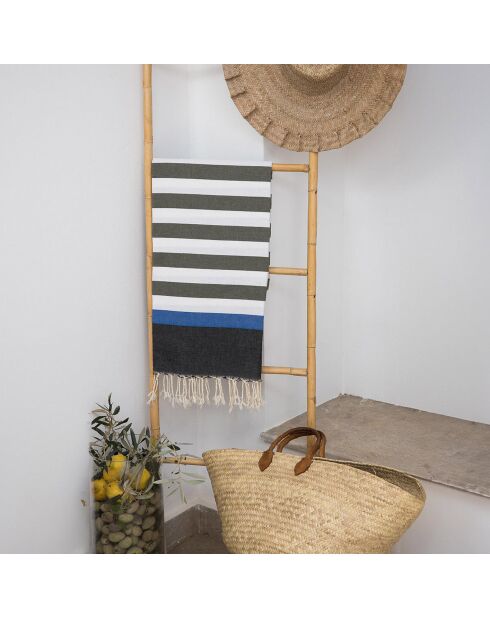Fouta tricolore en Coton Arcachon  vert kaki/noir/bleu - 100x200 cm