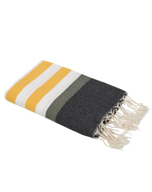 Fouta tricolore en Coton Arcachon  jaune/noir/kaki - 100x200 cm