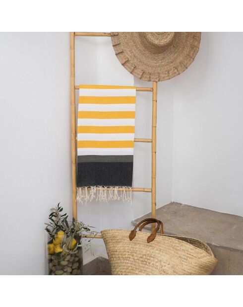 Fouta tricolore en Coton Arcachon  jaune/noir/kaki - 100x200 cm