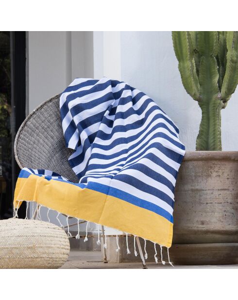 Fouta jeans in cotone tricolore Arcachon blu/giallo/blu - 100x200 cm