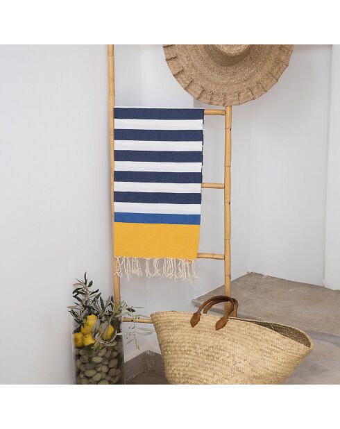 Fouta jeans in cotone tricolore Arcachon blu/giallo/blu - 100x200 cm