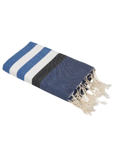 Fouta tricolore en Coton Arcachon  bleu grec/bleu/noir - 100x200 cm
