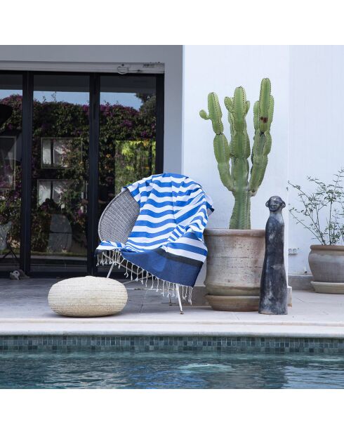 Fouta tricolore en Coton Arcachon  bleu grec/bleu/noir - 100x200 cm