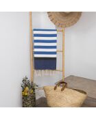 Fouta tricolore en Coton Arcachon  bleu grec/bleu/noir - 100x200 cm