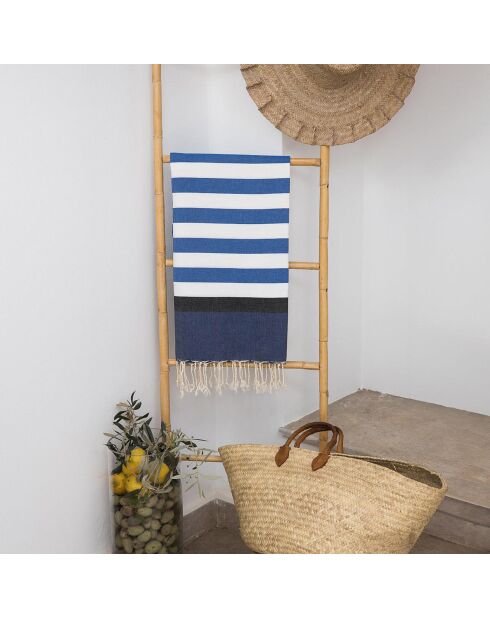 Fouta tricolore en Coton Arcachon  bleu grec/bleu/noir - 100x200 cm