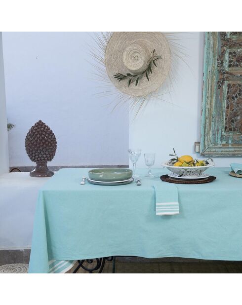 Nappe en Coton & 8 Serviettes Mahdia vert d'eau - 180x350 cm