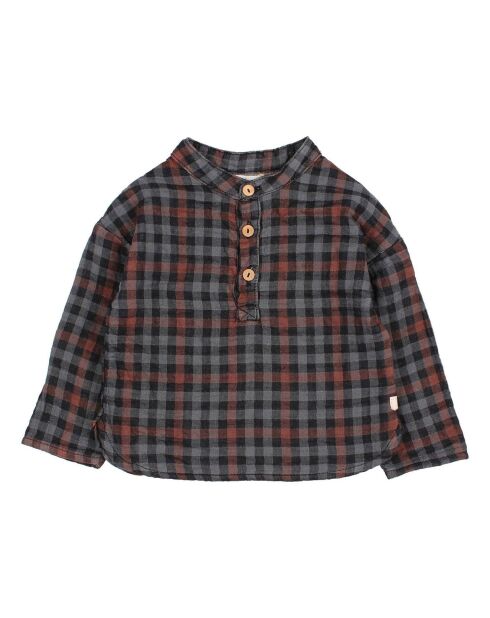 Kurta à Carreaux en Gaze de Coton gris anthracite
