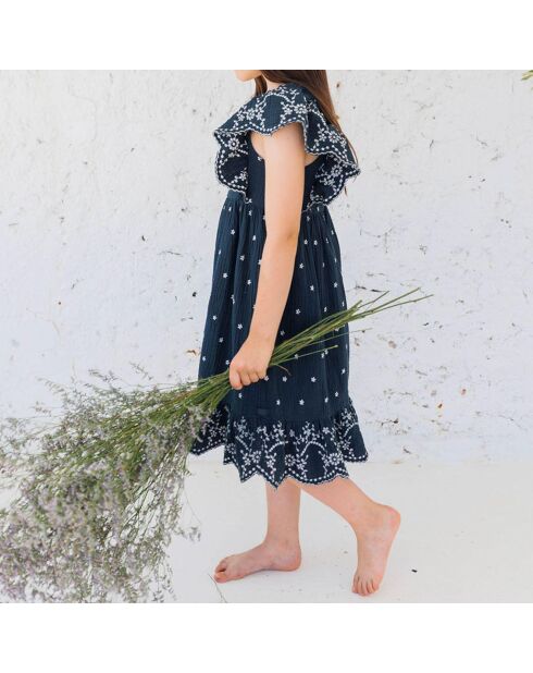Robe Brodée Mousseline bleu nuit