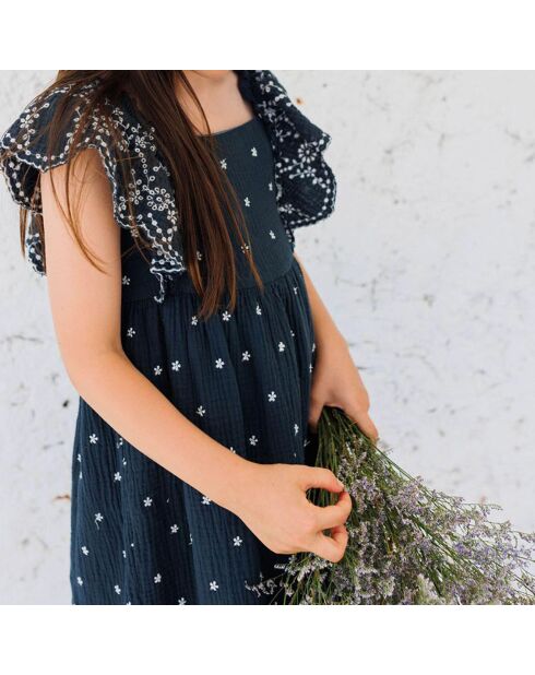 Robe Brodée Mousseline bleu nuit