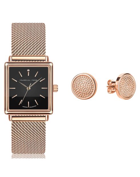 Montre & Boucles d'oreilles Patricia en Acier & Diamant rose doré