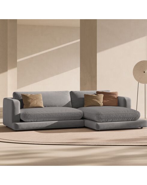 Canapé d'angle droit en Velours Daphne 4 Places Gris Clair - 270x170x86 cm
