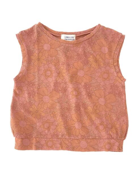 Top in misto lino floreale rosa antico