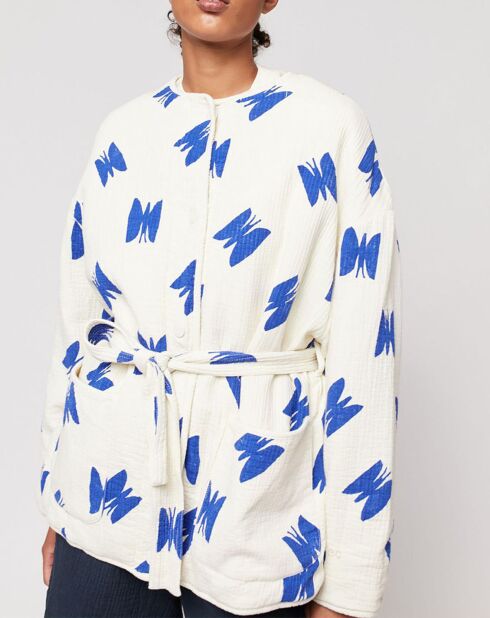 Kimonojacke mit Schmetterlingsmotiv in Ecru/Blau