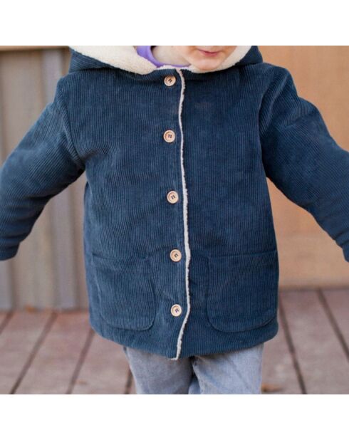 Manteau en Velours Côtelé Fourré Andréa bleu marine