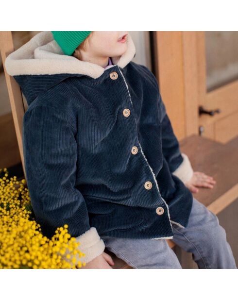 Manteau en Velours Côtelé Fourré Andréa bleu marine