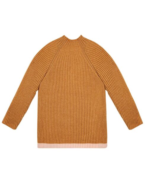 Ockerfarbener gerippter Pullover aus Wollmischung mit Trichterausschnitt