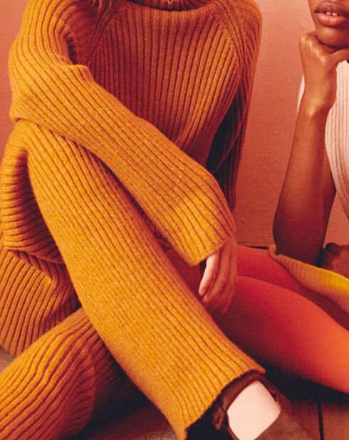 Pantalon en Laine Mérinos mélangée Tricot Côtelé ocre