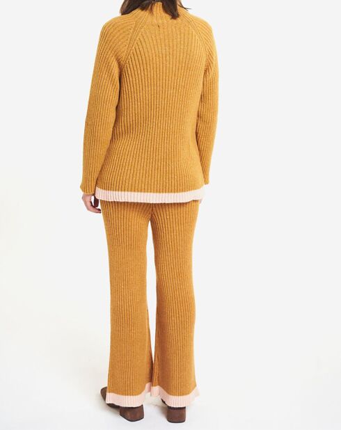 Pantalon en Laine Mérinos mélangée Tricot Côtelé ocre