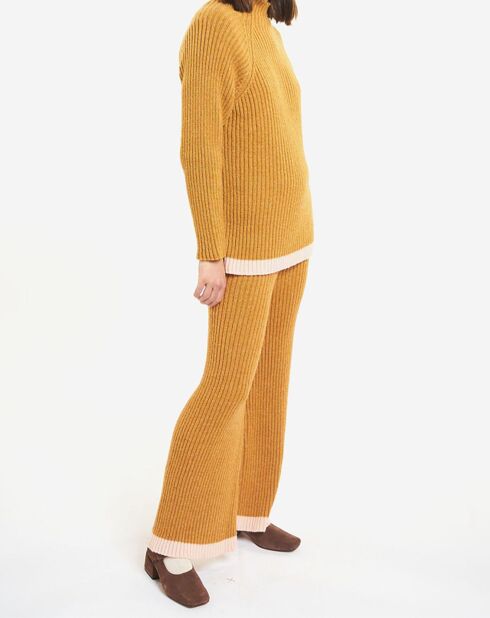 Pantalon en Laine Mérinos mélangée Tricot Côtelé ocre
