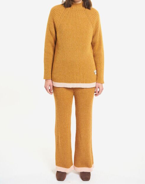 Pantalon en Laine Mérinos mélangée Tricot Côtelé ocre