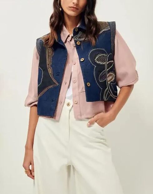 Moorfolk Ärmellose Jeansjacke mit Stickerei