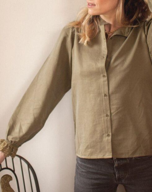 Khakigrüne Prisca Bluse aus Baumwollgaze und Seidenmischung